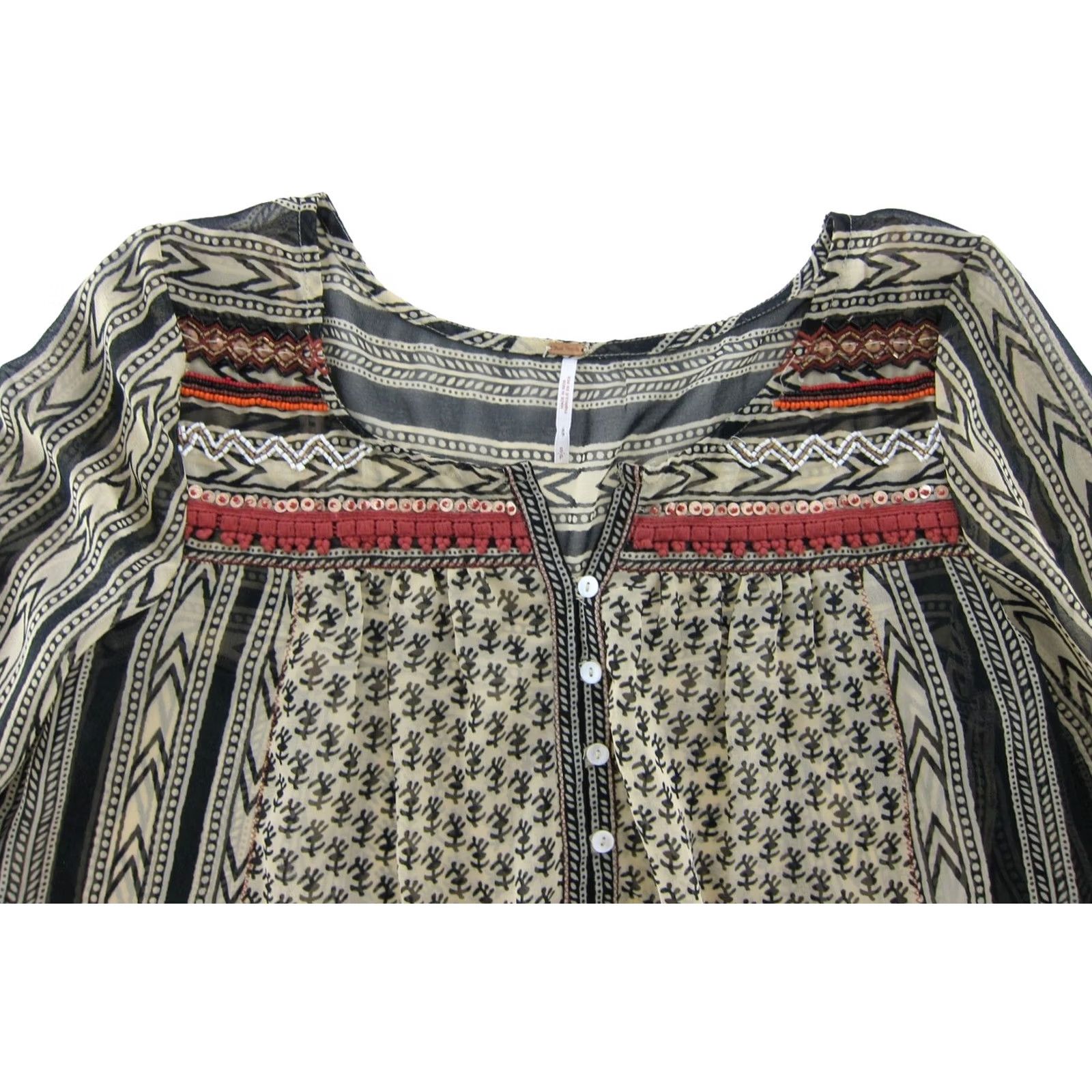 Free People Free People Brown Black Pink Beaded Sheer Pocket Long Sleeve Tunic Blouse Small Size S / US 4 / IT 40 - 5 Thumbnail