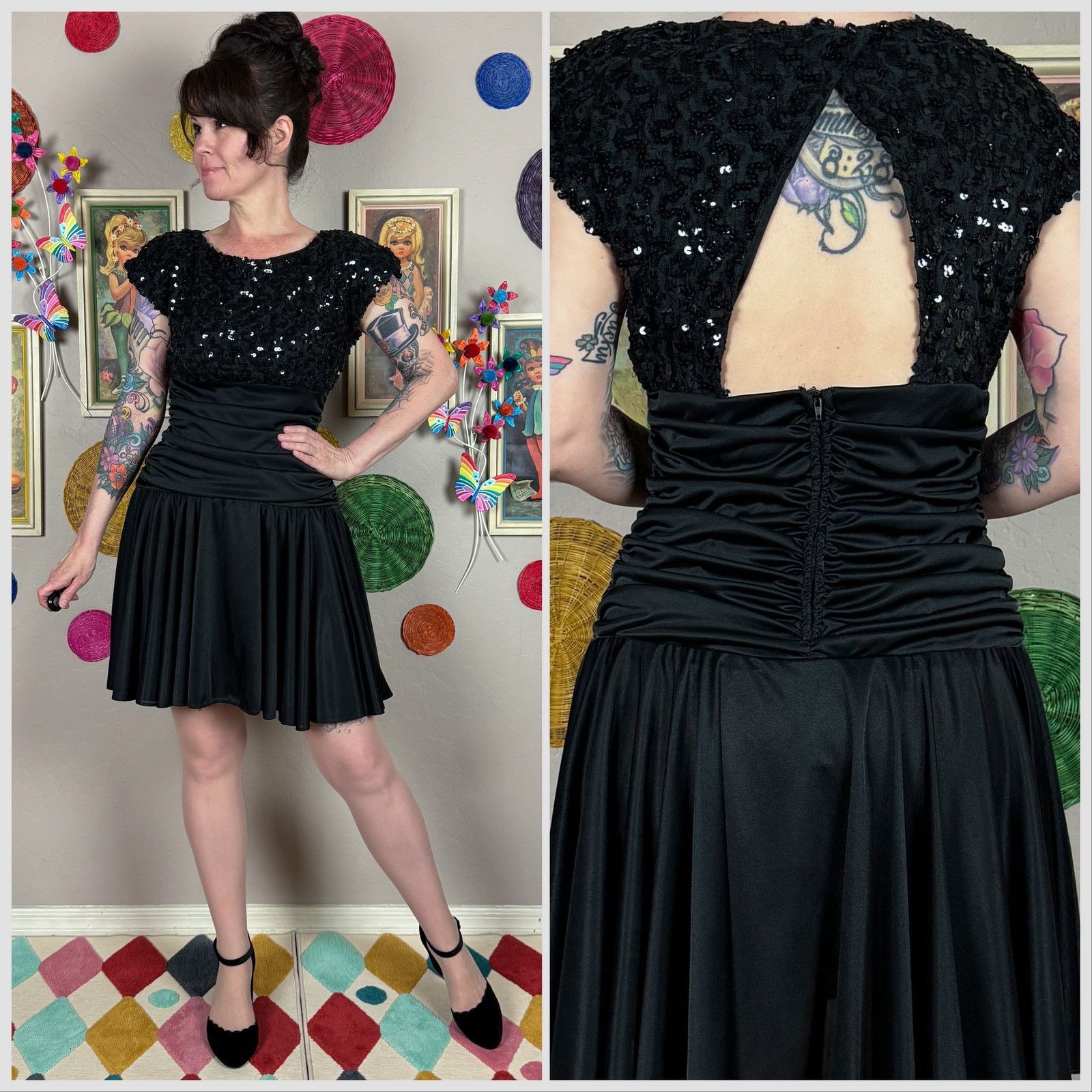 Vintage Vintage 1970s Black Sequins Ruched Open Back Disco Minidress Size M / US 6-8 / IT 42-44 - 1 Thumbnail