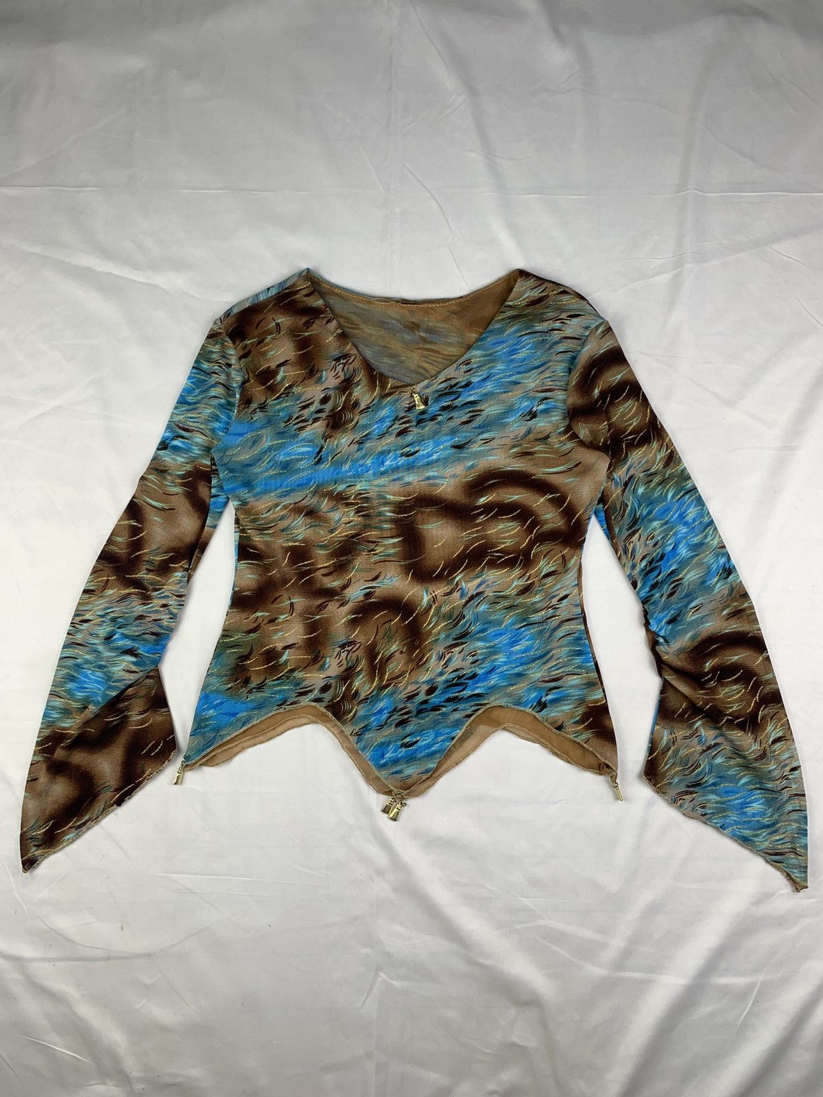 y2k Ichioku Unique Motive Pattern Flared Sleeves Mesh Top