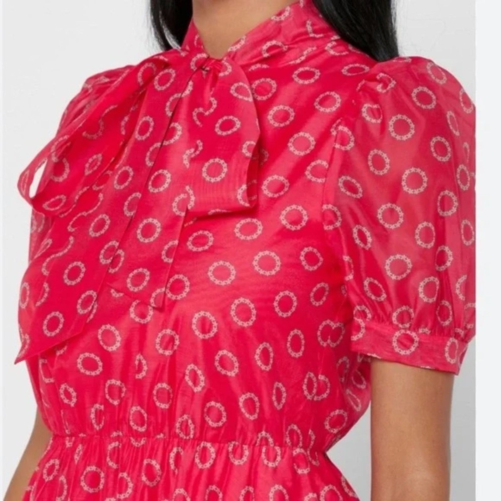 Ted Baker Ted Baker London Silk Red Puff Sleeve Mini Dress w Tie Neck Size M / US 6-8 / IT 42-44 - 3 Thumbnail