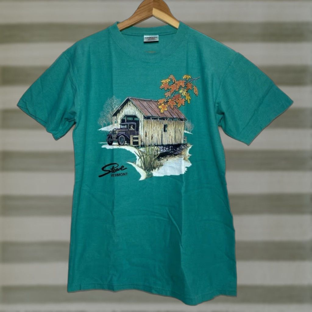 Vintage VINTAGE Oneita T-Shirt Unisex Adults 90s Stowe Vermont Cotton Teal Size M Crew Neck Short Sleeve Heavyweight 100% Made in USA Size US M / EU 48-50 / 2 - 1 Thumbnail