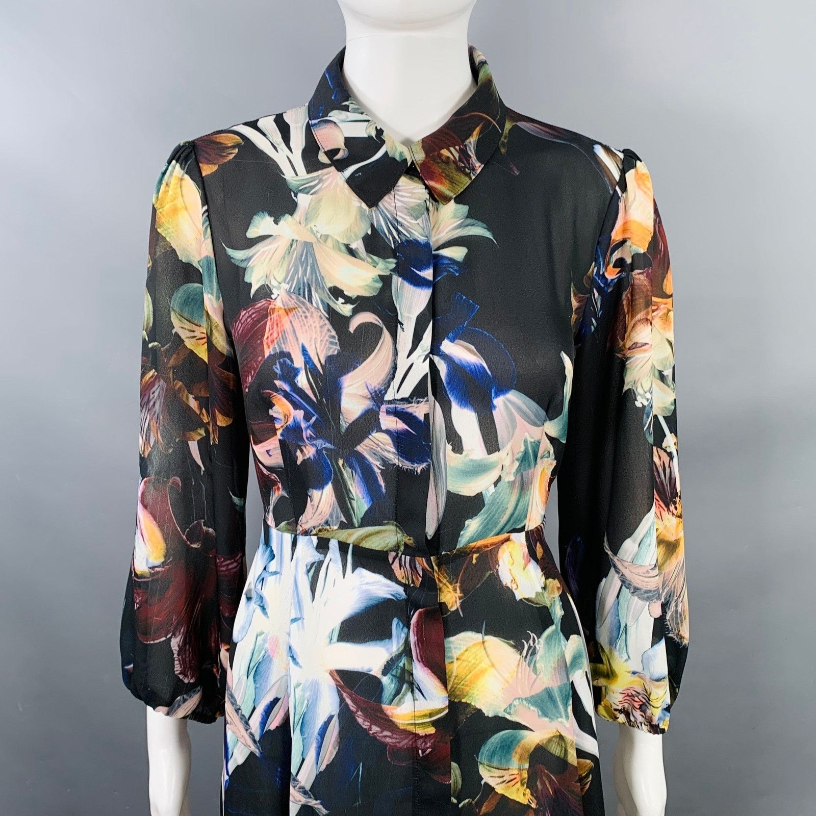 Other Black Multi Color Polyester Floral 3/4 Sleeves Shirt Dress Size M / US 6-8 / IT 42-44 - 2 Thumbnail