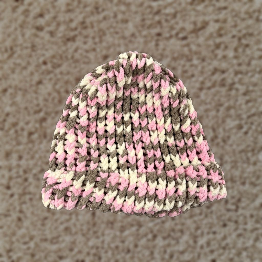 Vintage Handmade Big Beanie Toque Adult One Size Pink Brown Crochet Knit Acrylic Blend Size ONE SIZE - 1 Thumbnail