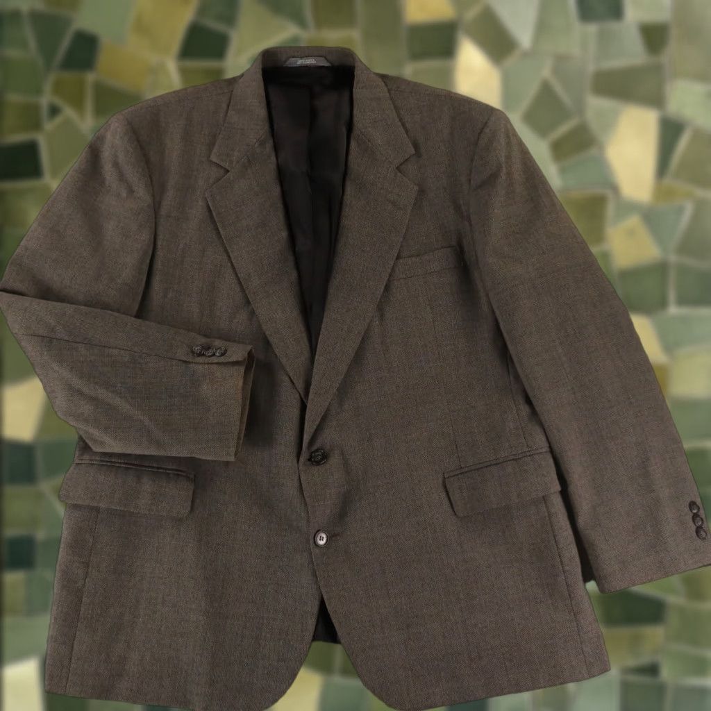VINTAGE Haggar Wool Tweed Blazer Jacket Men's 48R Gray Brown Houndstooth 2-Button Notch Lapel Slim Fit 100% Wool USA 80s 90s Casual Formal Blazer Mens
