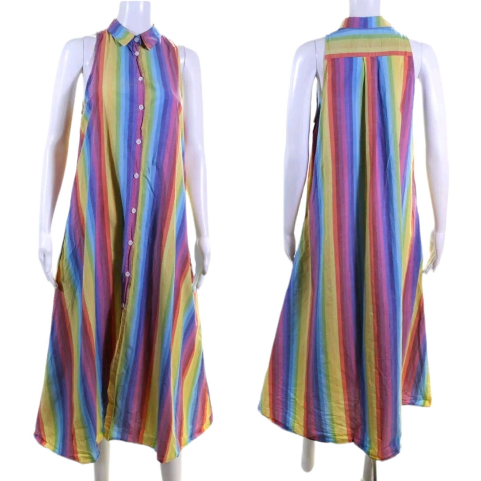 Vintage M.D.S. Stripe Pinafore Shirtdress Sz 2 Rainbow Midi Dress A- Size XS / US 0-2 / IT 36-38 - 3 Thumbnail