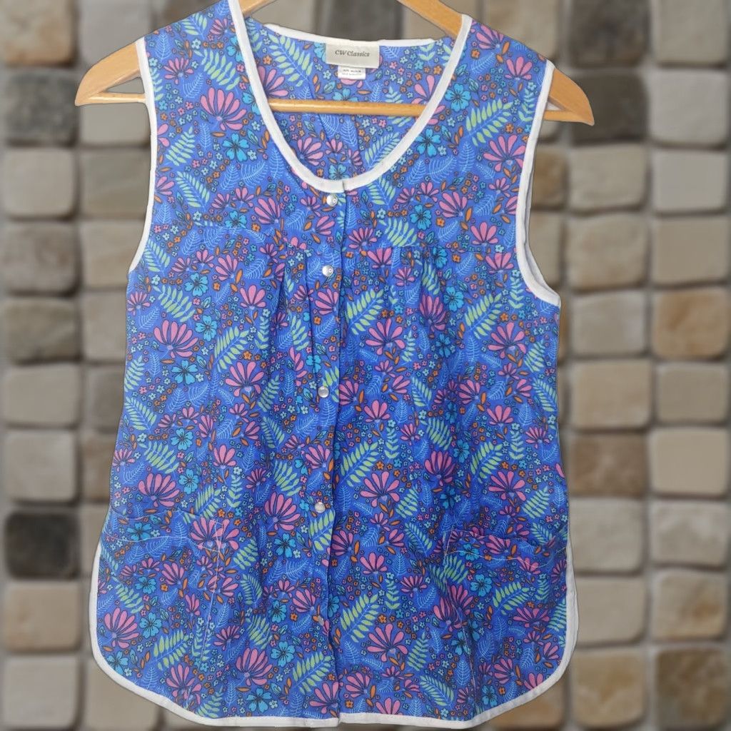 Vintage CW Classics Smock Women Medium Blue Pink Floral Sleeveless Pearl Snap Workwear Size M / US 6-8 / IT 42-44 - 1 Thumbnail