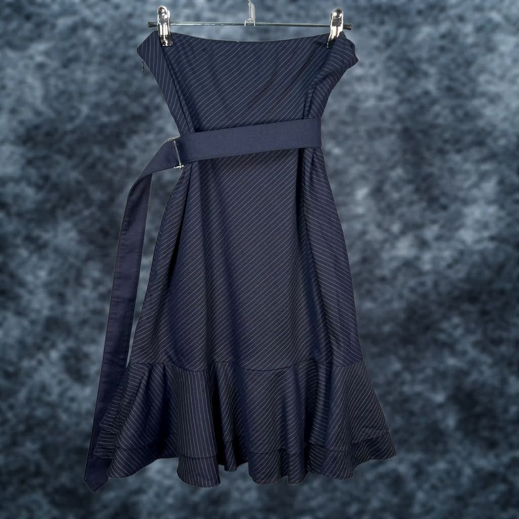 Ralph Lauren Ralph Lauren Womens 6 Navy Blue Pinstripe Ruffle Midi Dress Belt Party Cocktail Dress Size M / US 6-8 / IT 42-44 - 1 Thumbnail