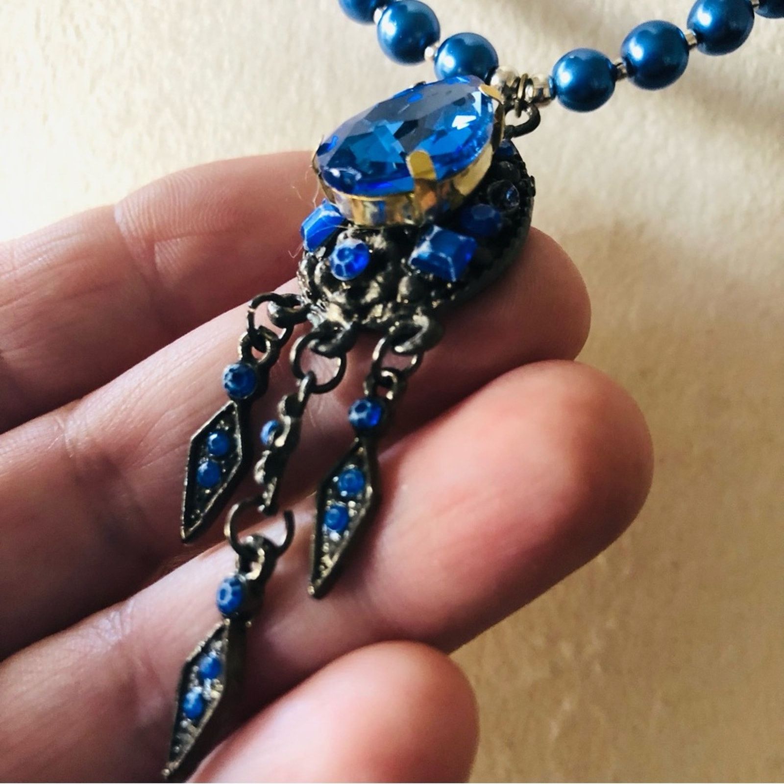 Handmade Handcrafted repurpose royal blue pendant Pearl necklace Size ONE SIZE - 8 Thumbnail
