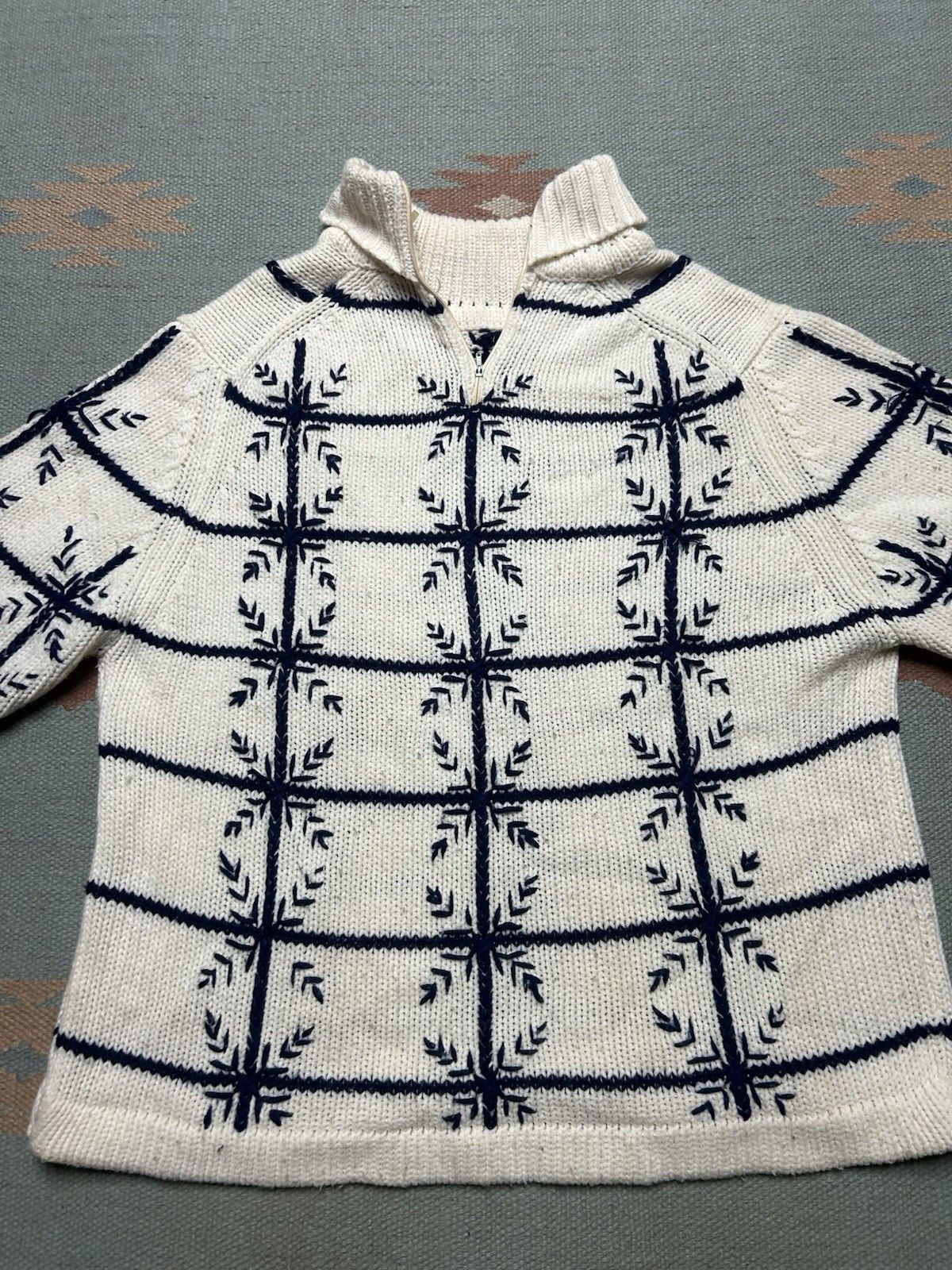 Vintage 70s acrylic knit sweater hand loomed snowflake windowpane L Size US L / EU 52-54 / 3 - 5 Thumbnail