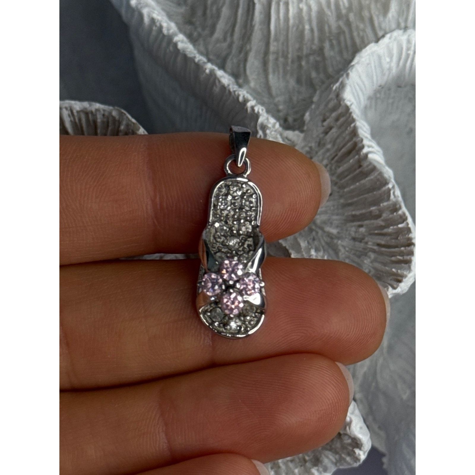 Jewelry 925 STERLING SILVER FLIP FLOP SANDAL PINK & WHITE CZ PENDANT Size ONE SIZE - 6 Thumbnail