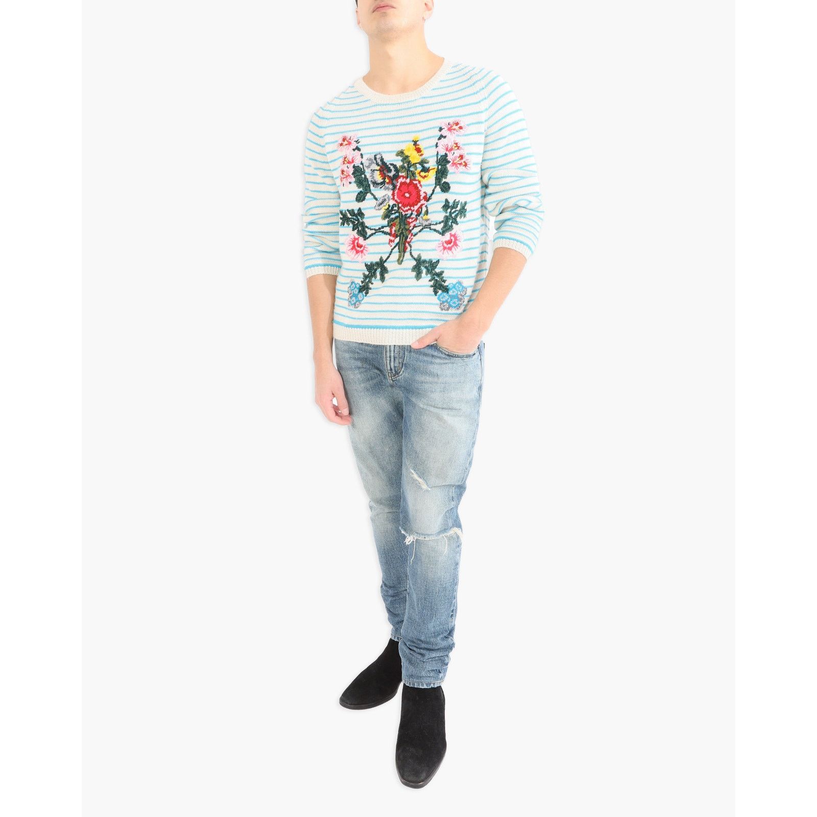 Gucci Gucci Garden Floral Embroidered Striped Knit in White & Blue Size US S / EU 44-46 / 1 - 5 Thumbnail