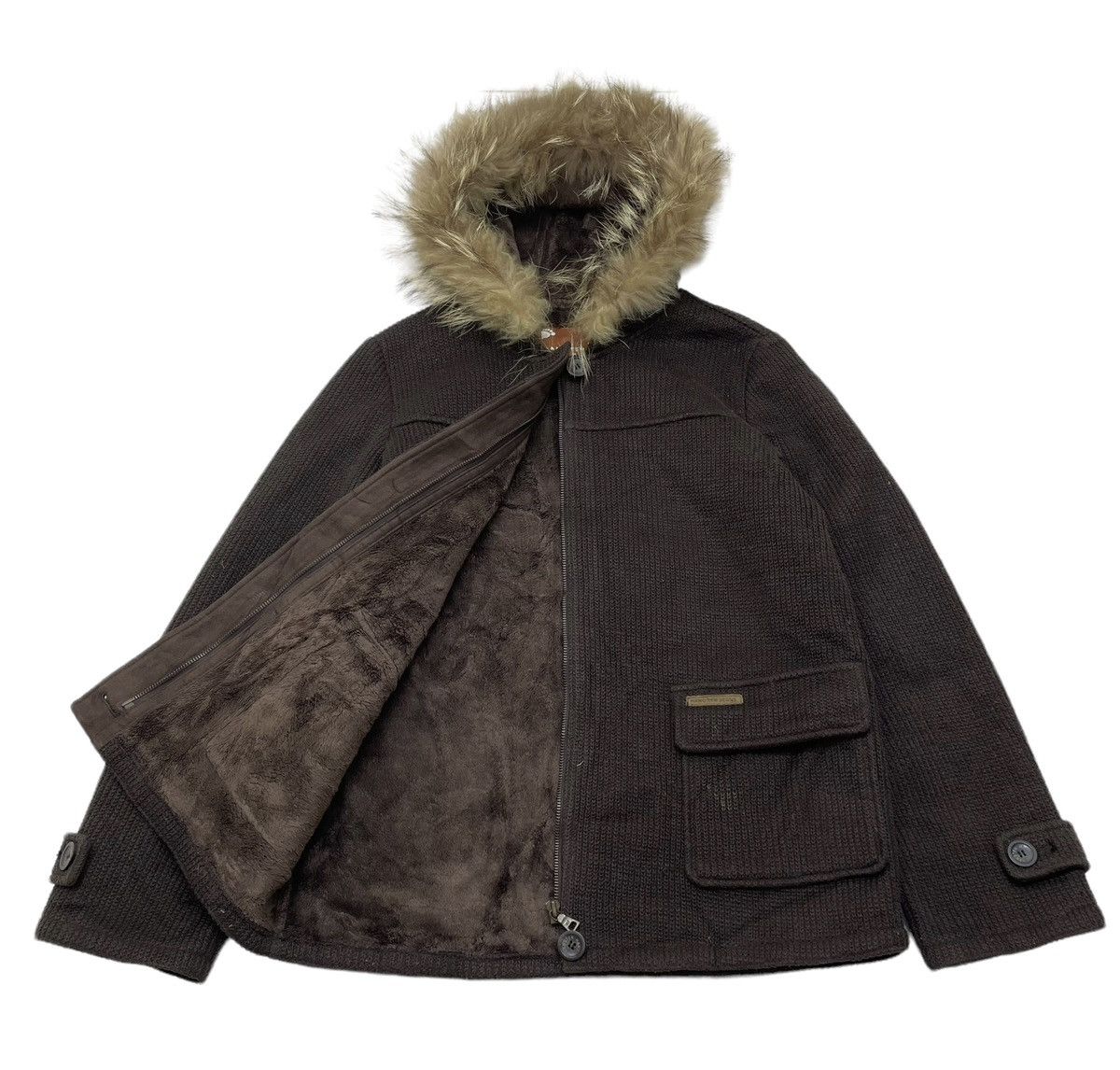 image of Aran Isles Knitwear x Homespun Knitwear Vintage Hang Ten Knit Faux Fur Hoodie Jacket in Black, Wome