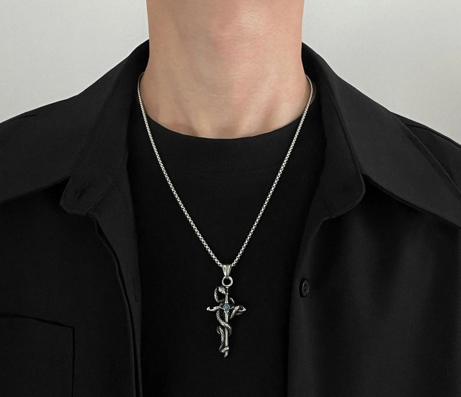 Jewelry Silver Snake & Cross - Blue Gemstone Pendant Necklace Size ONE SIZE - 3 Thumbnail