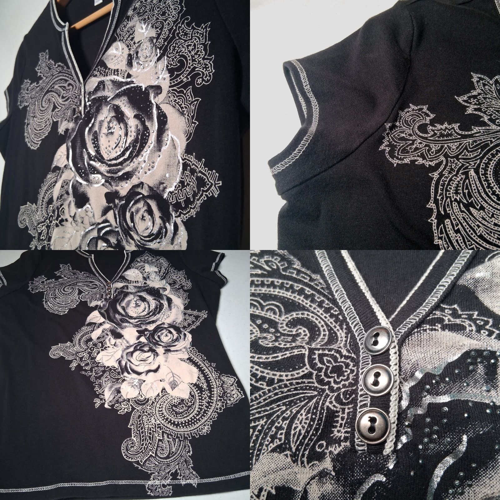 Vintage VINTAGE Dressbarn Shirt Women L Black Cap Sleeve Studded Rose Y2K Floral Silver V-neck Slim Size L / US 10 / IT 46 - 9 Thumbnail