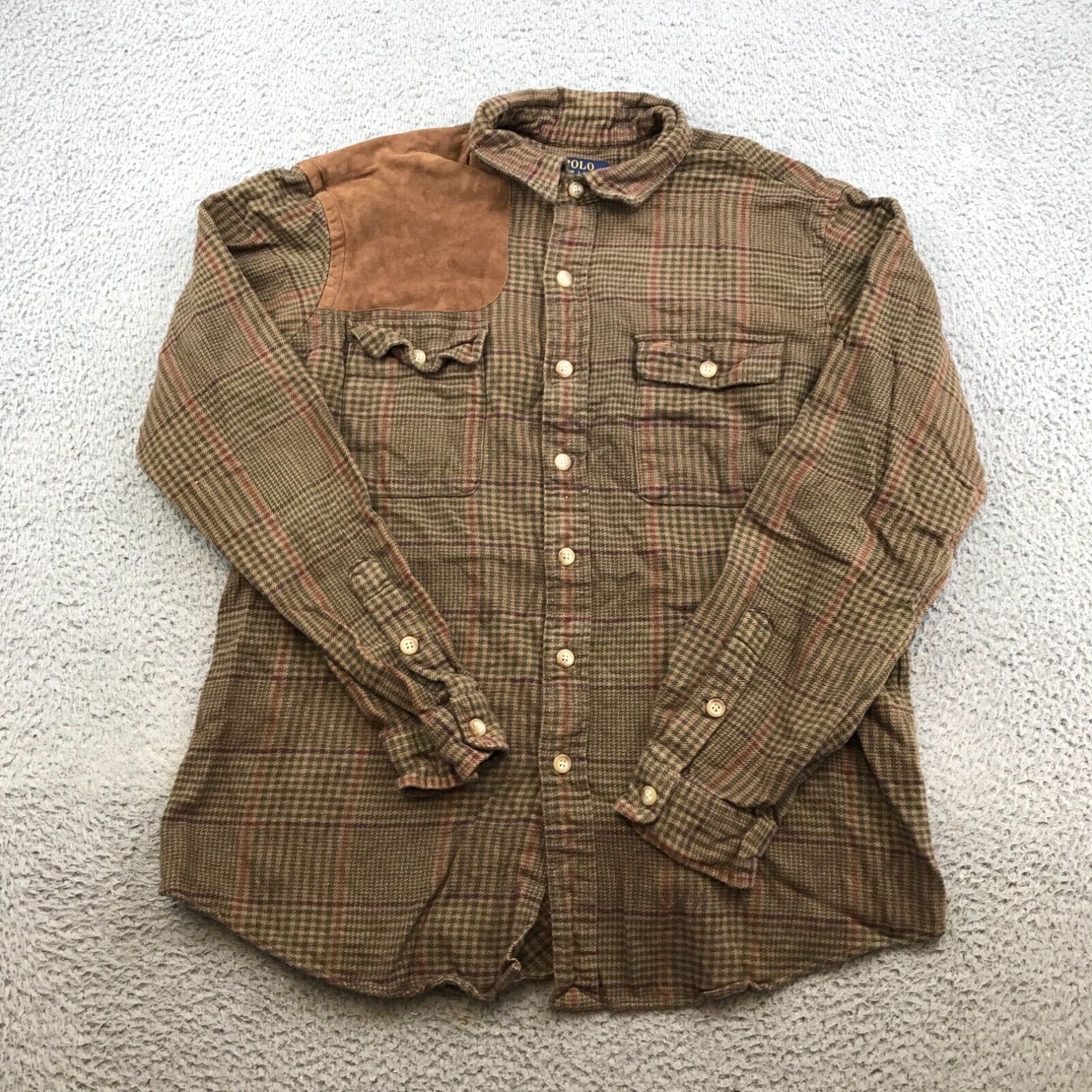 image of Polo Ralph Laurent Flannel Shirt Adult XL Brown Suede Shoulder Long Sleeve 47467 in White, Men's
