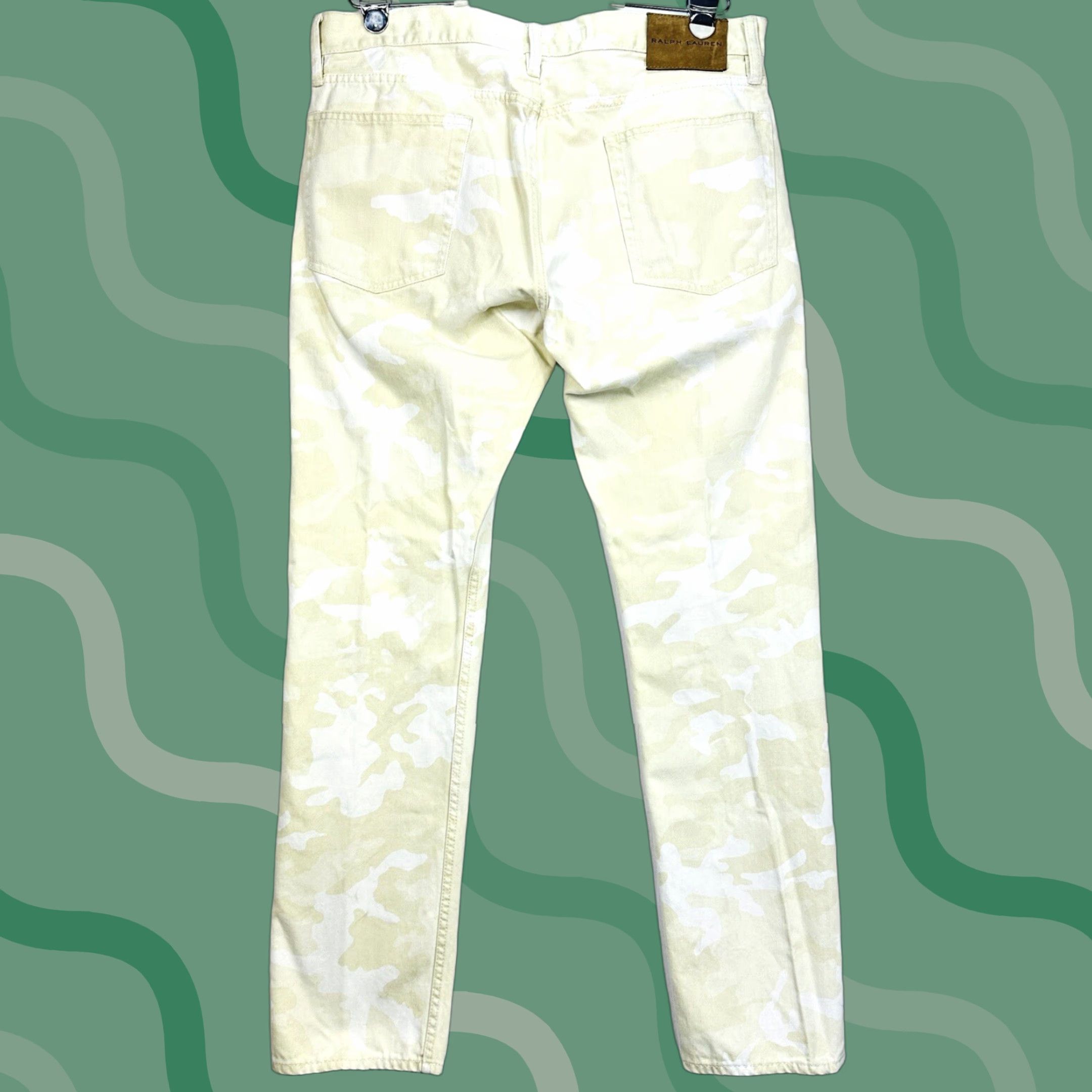 Ralph Lauren Black Label Jeans Camouflage Slim Fit Mens 36x32 Denim 100% Cotton Ivory Natural Camo Jeans