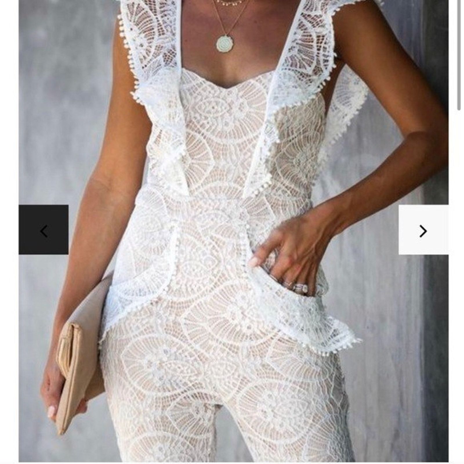Other ALPHA & OMEGA - CREAM IVORY ALL LACE FLARE LEG JUMPSUIT SZ M Size 28" / US 6 / IT 42 - 2 Thumbnail