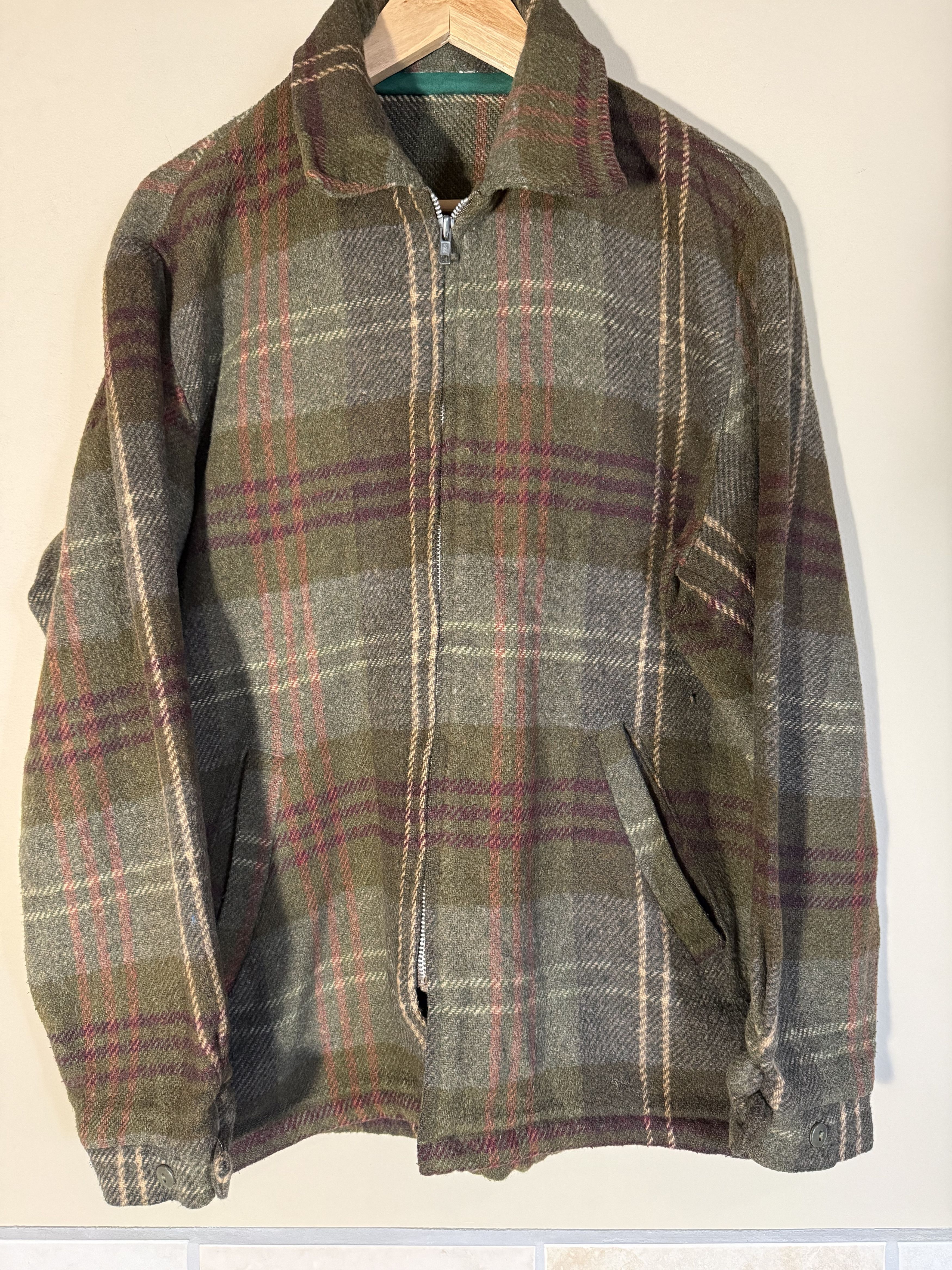 Other Olive Green Wool Blend Plaid Zipper Jacket, Men's Medium Size US M / EU 48-50 / 2 - 1 Thumbnail