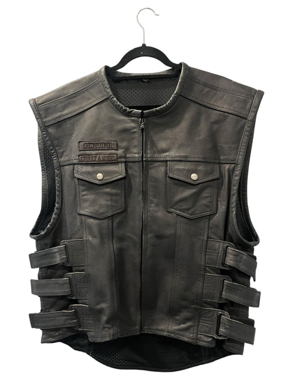 Street Steel Black Leather Anarchy Biker Vest Size 2XL