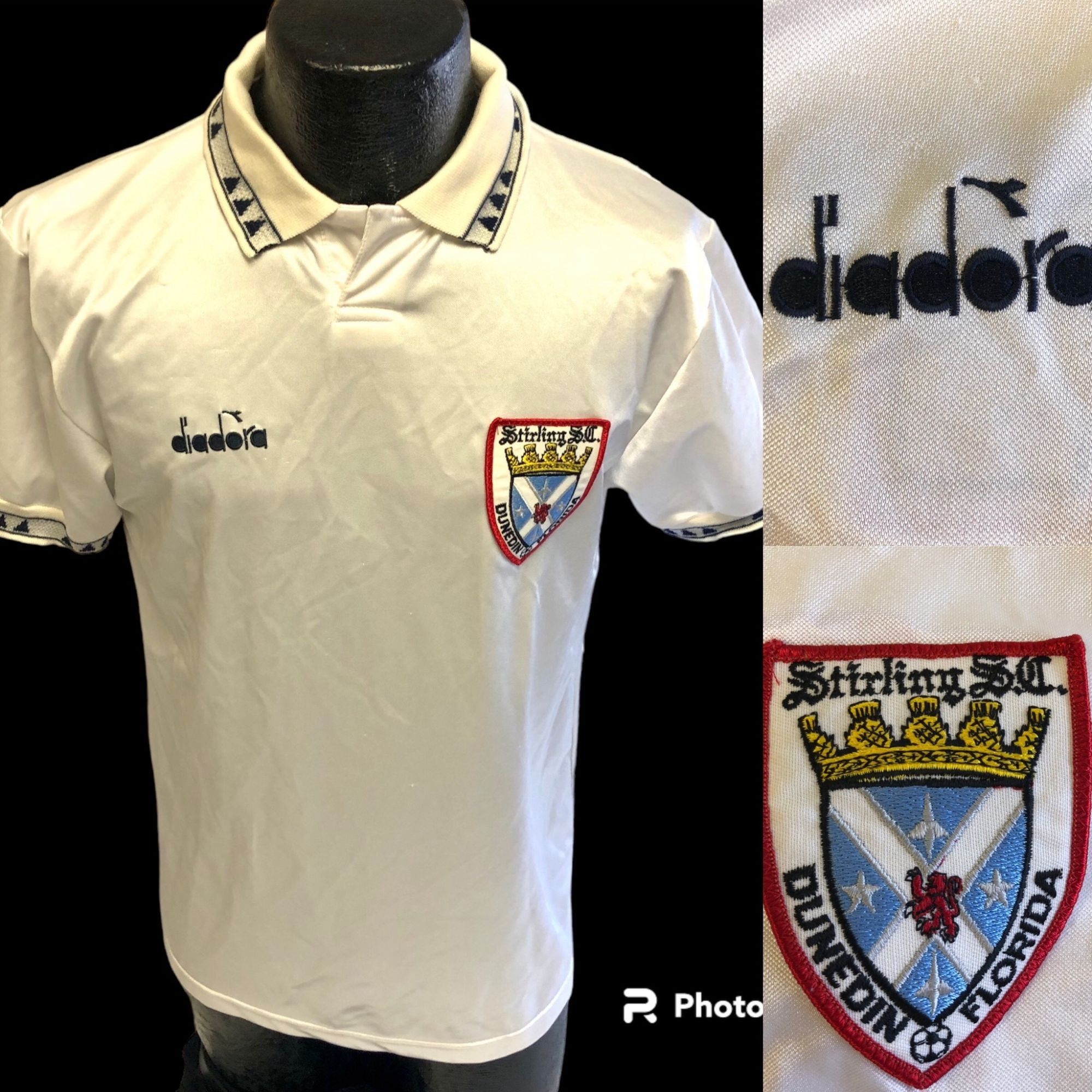 image of 90's Diadora Shiny Soccer Jersey 16 Stirling Dunedin Shirt in White, Men's (Size Small)