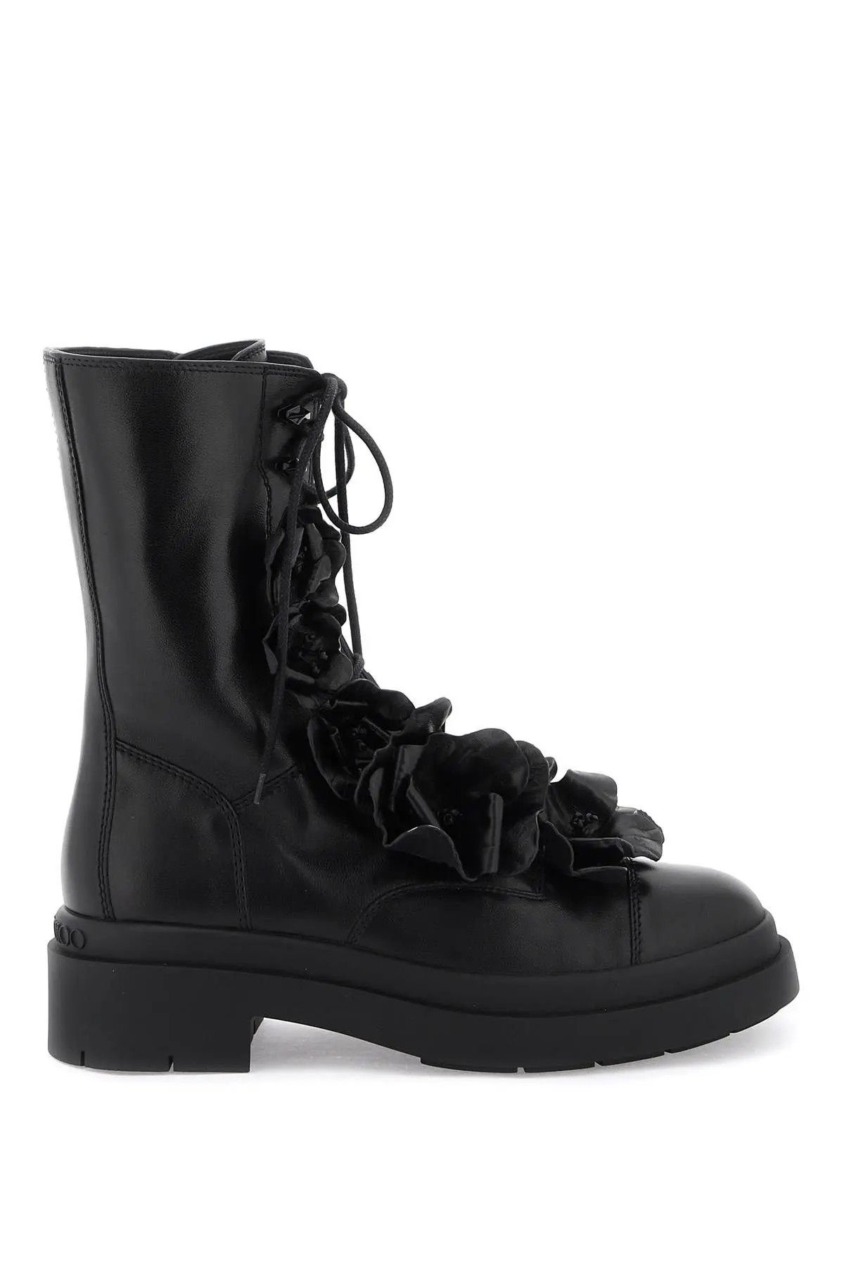 image of Jimmy Choo O1S22I1N1223 Nari Flowers Flat Combat Boots In Black, Women's (Size 7)
