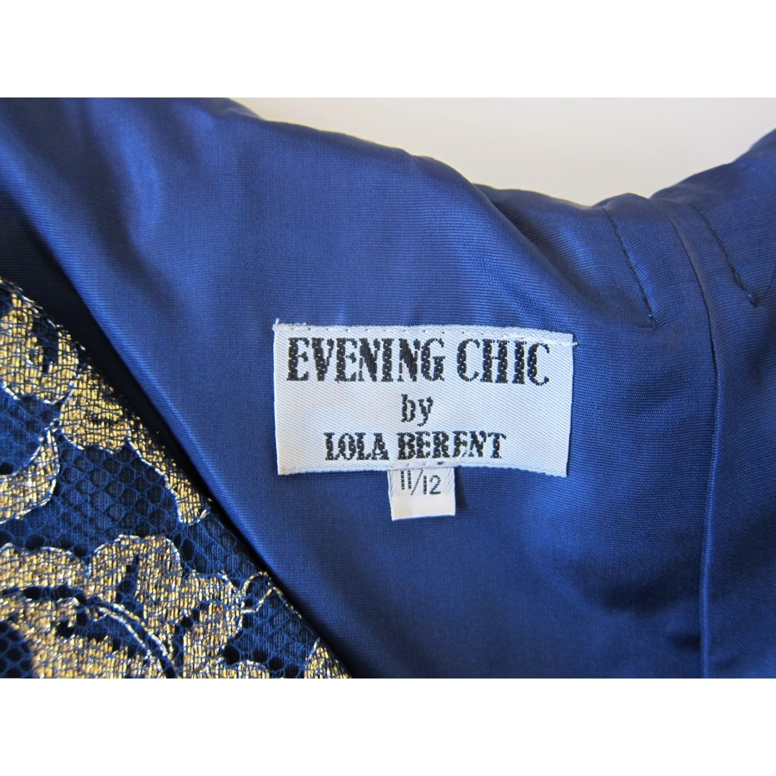 Vintage Evening Chic Lola Berent Blue Satin Empire Dress 11/12, Vintage, Collared, Gold Floral, Knee Length, Short Sleeve, Party/Cocktail, Women Size L / US 10 / IT 46 - 4 Thumbnail