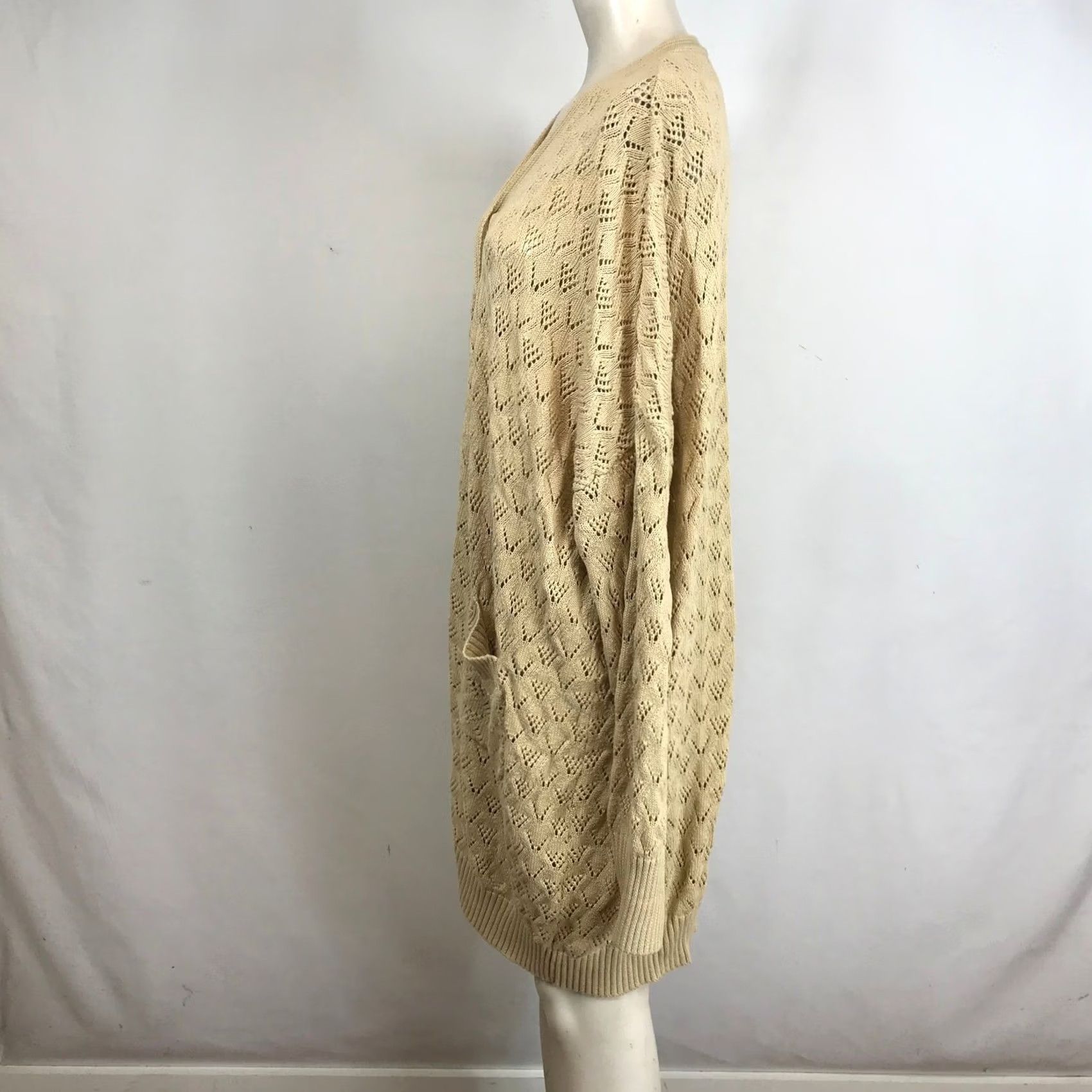 Vintage HEYSON Cardigan Knit Diamond Pattern Open Front Pockets Beige Long Size 3XL Size XXL / US 16-18 / IT 52-54 - 6 Thumbnail