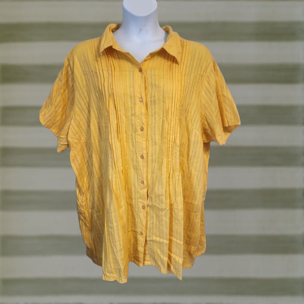 Vintage Only Necessities Yellow Textured Stripe Pleated Button Down Blouse Shirt 3X Womens Blouse Yellow 3X Pleated Button Down Short Sleeve Casual Shirt Size XXL / US 16-18 / IT 52-54 - 1 Thumbnail
