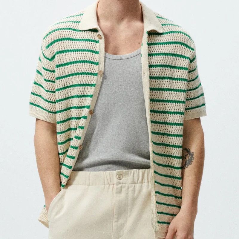 Other Men Striped Knitted Short Sleeve Button Shirt Size US L / EU 52-54 / 3 - 2 Thumbnail