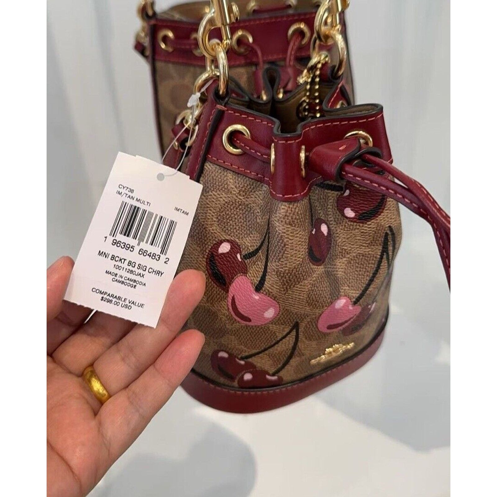 NWT Coach Mini Bucket Bag In Signature Canvas With Cherry