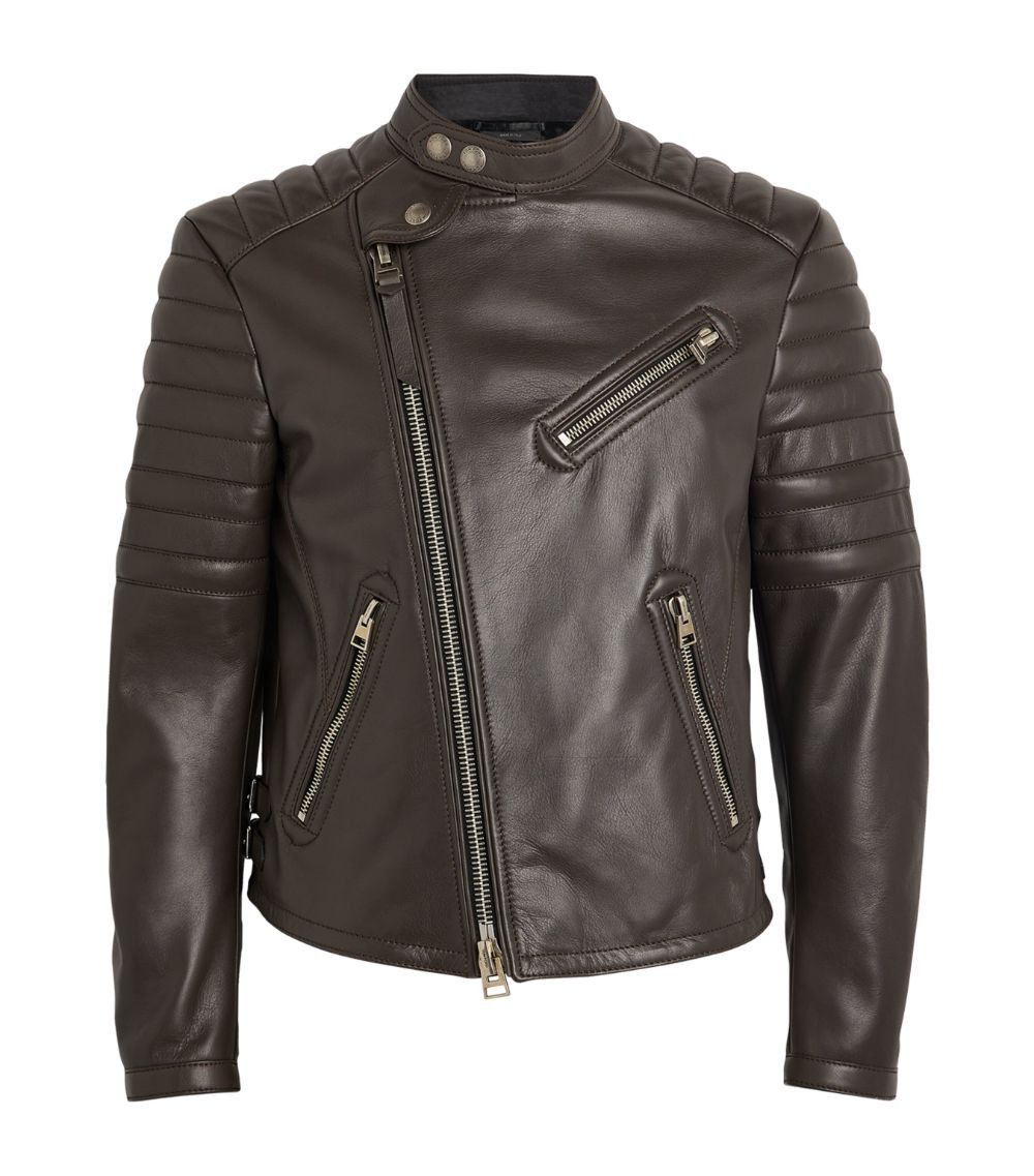 image of Tom Ford O1W1Db10124 Leather Icon Biker Jacket In Dark Brown, Men's (Size Small)