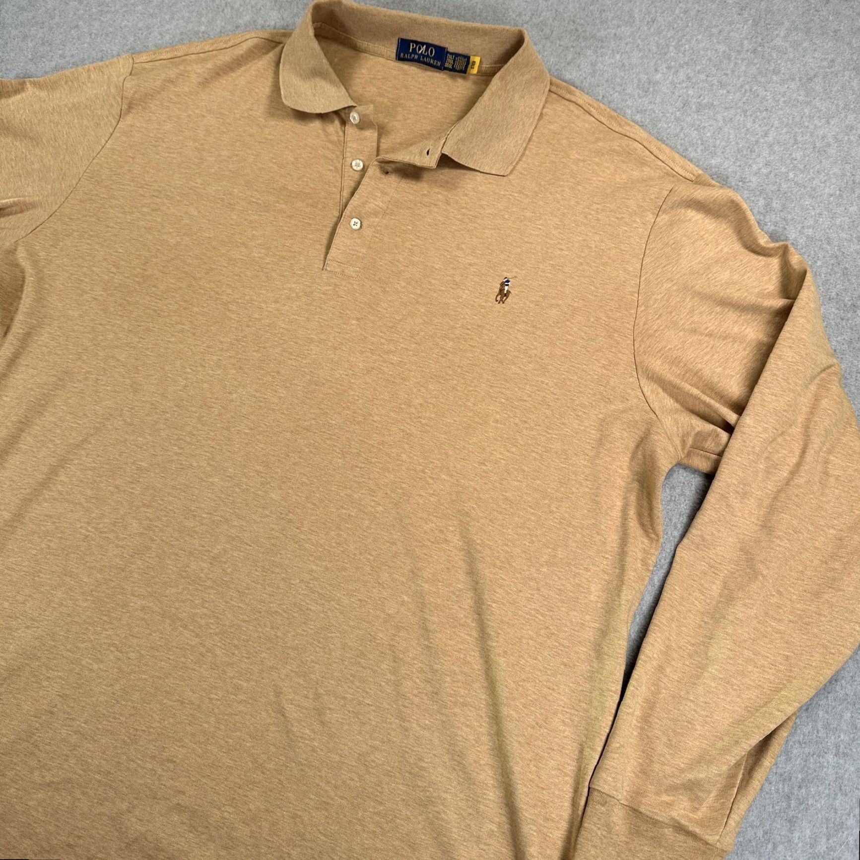 Polo Ralph Lauren VINTAGE Polo Ralph Lauren Polo Shirt Mens 2XLT Beige Big & Tall Long Sleeve Knit Cotton Size US XXL / EU 58 / 5 - 2 Thumbnail