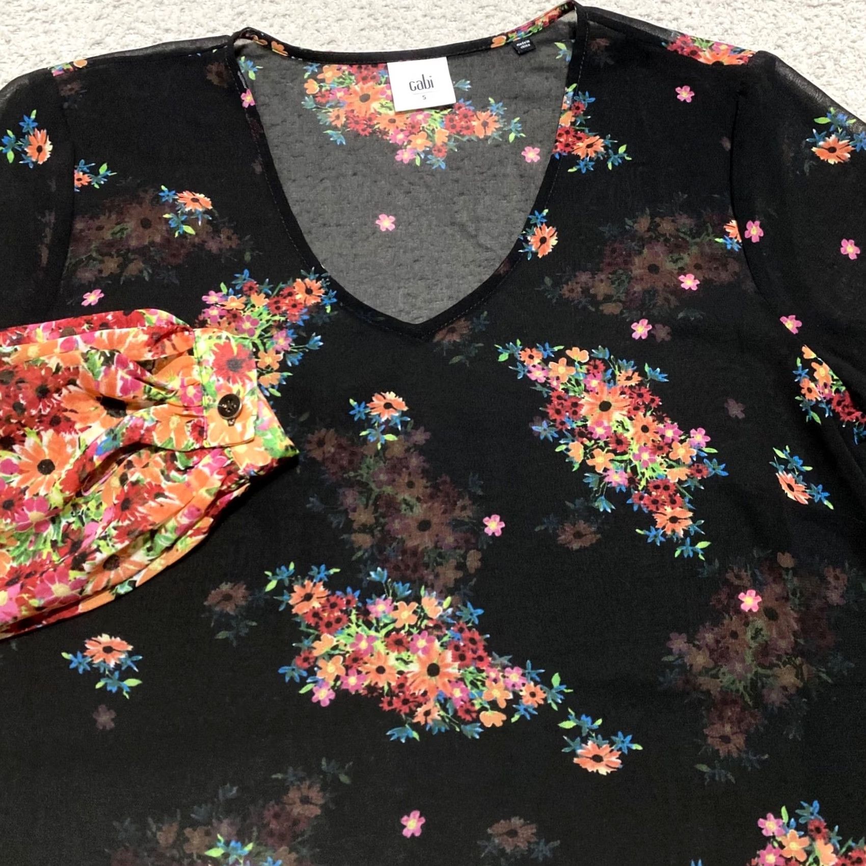 Vintage Cabi Shirt Womens Small Black Floral V Neck Long Sleeve Sheer Pullover Size S / US 4 / IT 40 - 5 Thumbnail