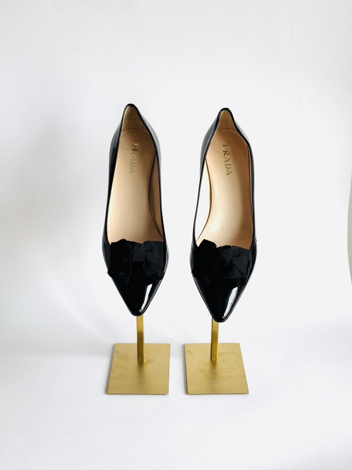 Prada black patent leather kitten heel grosgrain bow pumps