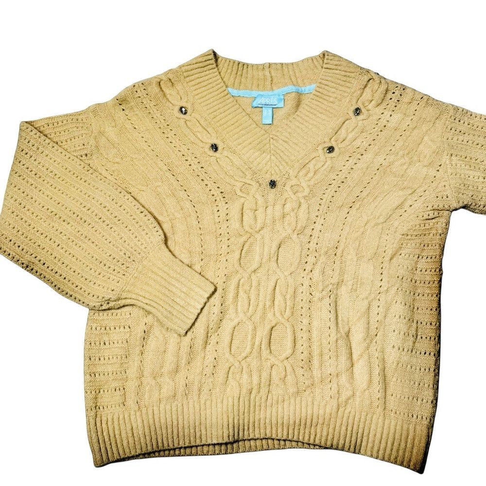 Isaac Mizrahi New Isaac Mizrahi Live! Apres V-Neck Cable Stitch Fawn Swea Size XS / US 0-2 / IT 36-38 - 2 Thumbnail