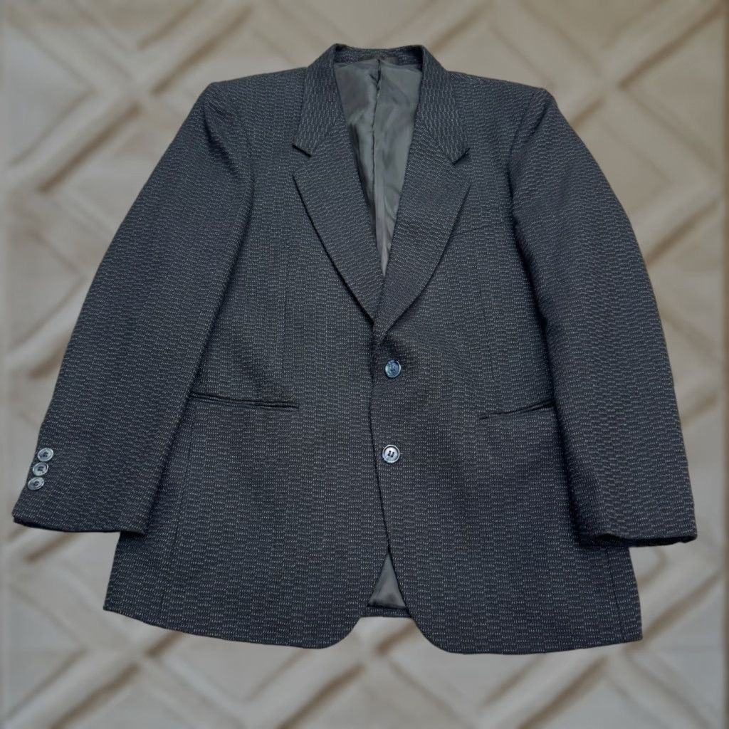 Vintage Giorgio Finocchi Wool Blend Blazer Mens 46 Check Pattern Single-Breasted Formal Suit Jacket Dark Blue Tailored Size 46R - 1 Thumbnail