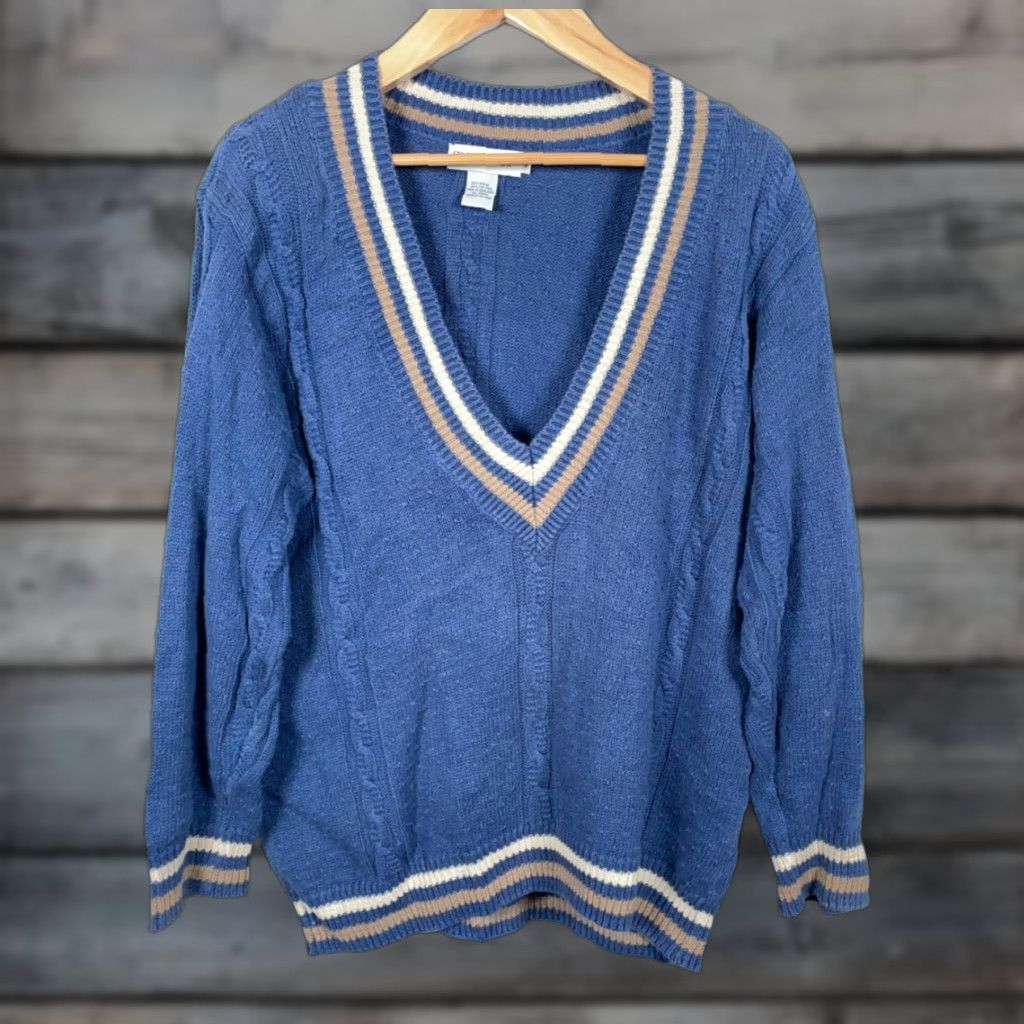 Vintage VINTAGE M.J. Carroll Sweater Shirt Women Oversized Deep V-Neck Knit 90s Blue Cotton Ramie Size S / US 4 / IT 40 - 1 Thumbnail