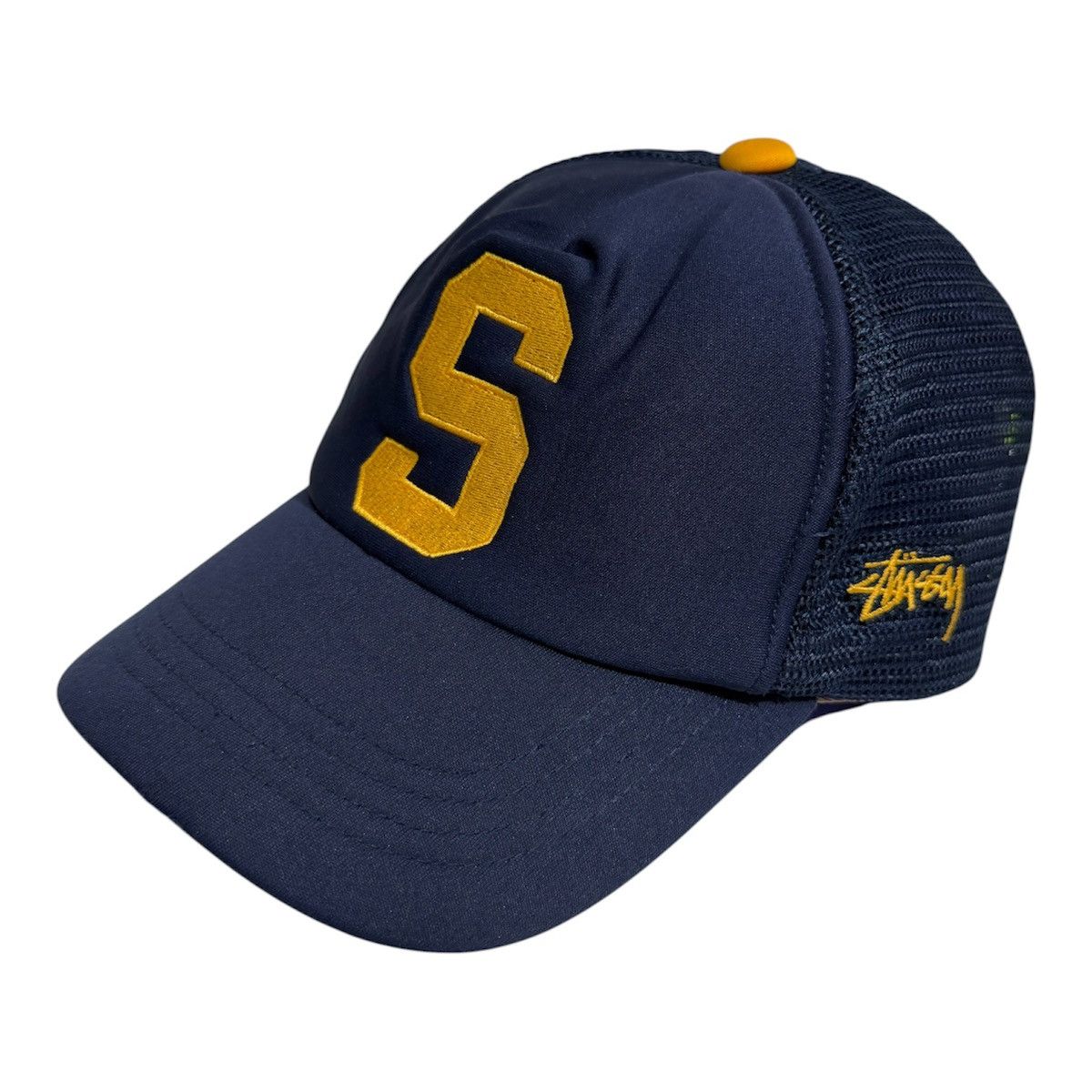 Rare Stussy Varsity S Logo Trucker Hat - Vintage Navy/Yellow
