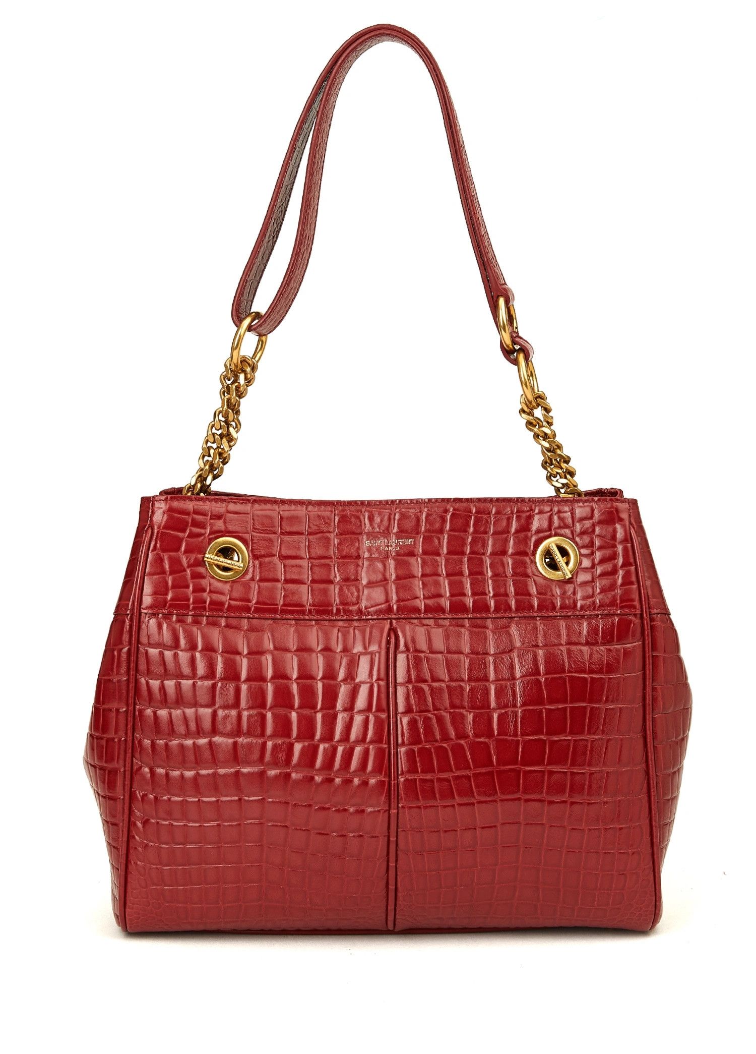 SAINT LAURENT Claude red croc embossed leather shoulder bag