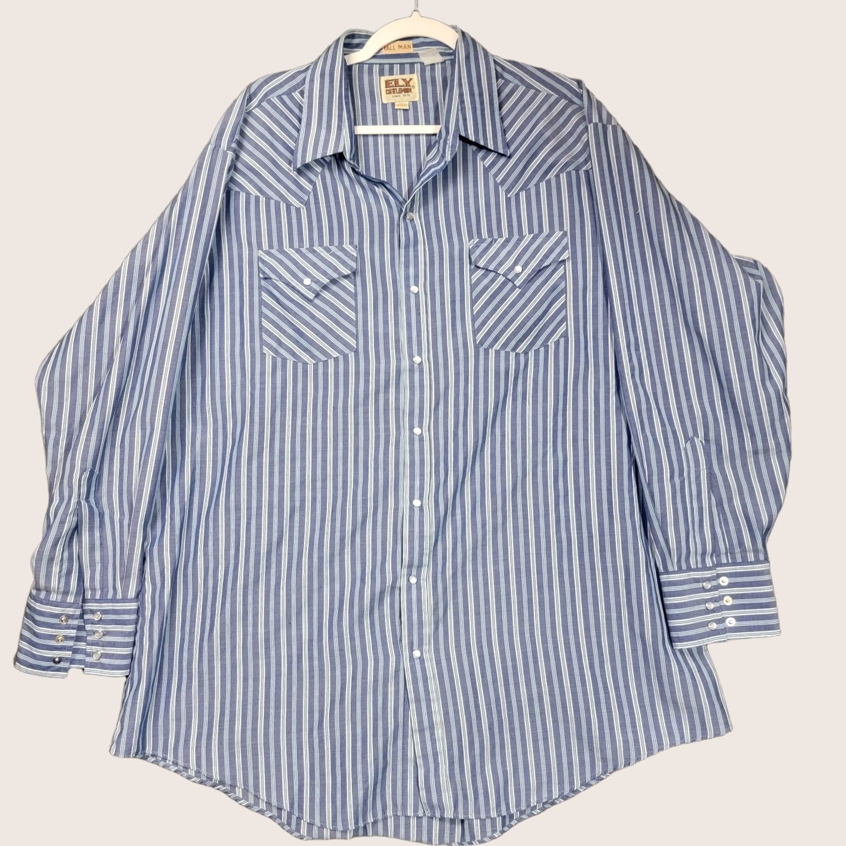 Vintage Ely Cattleman Shirt Mens 2XL Tall Blue striped VTG Pearl Snap 18 1/2 x 35 Size US XXL / EU 58 / 5 - 1 Thumbnail