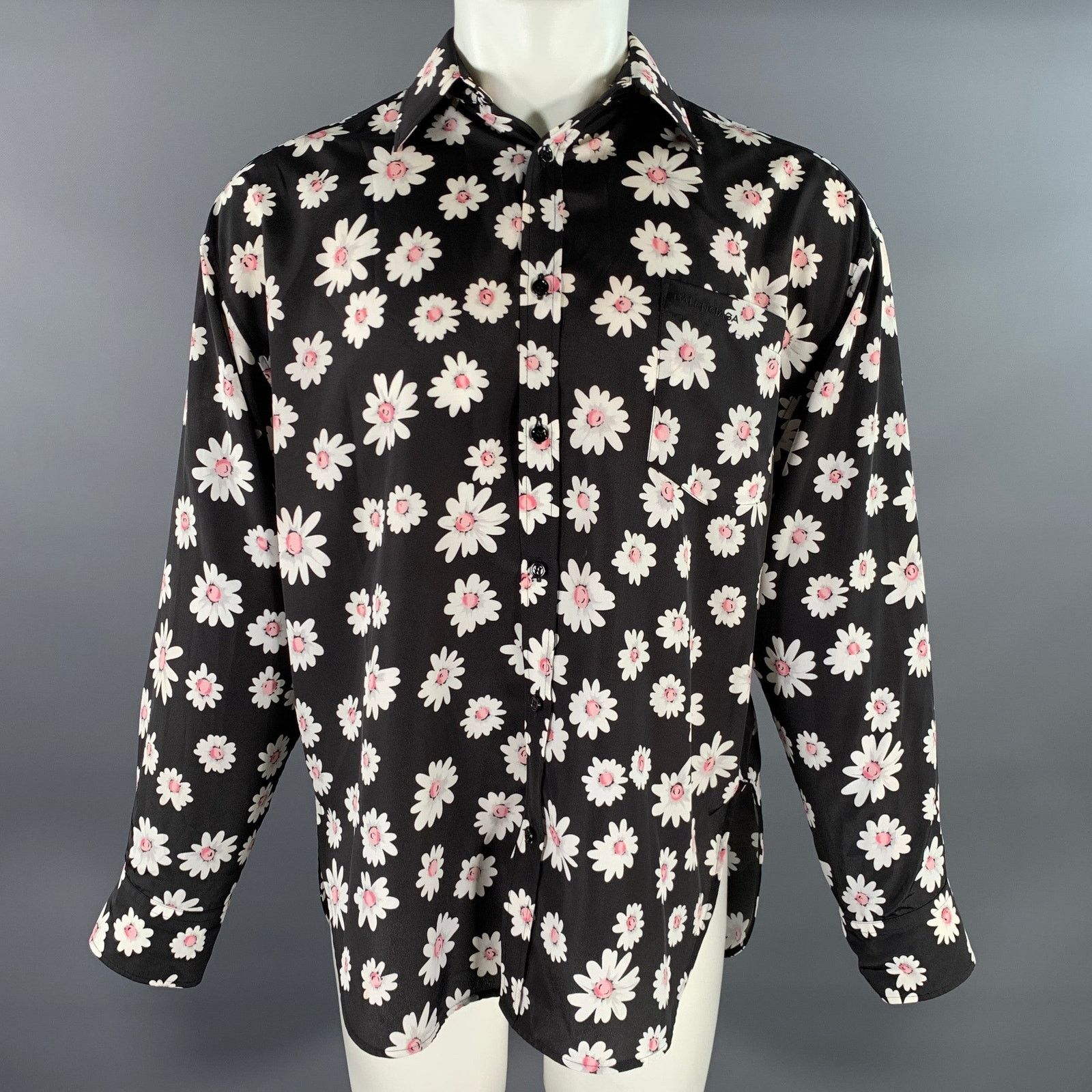 Balenciaga S Black & White Pink Floral Polyester Long Sleeve Shirt Size US S / EU 44-46 / 1 - 1 Thumbnail