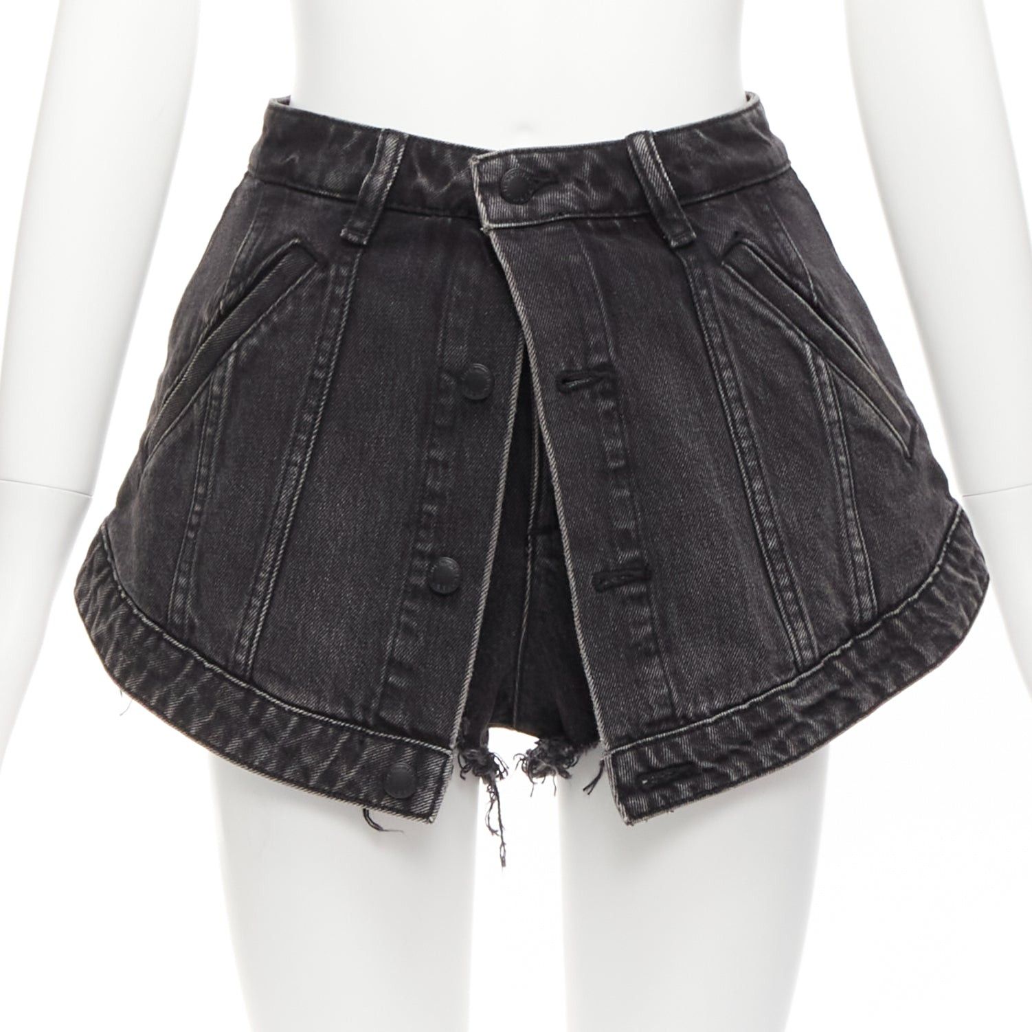 Alexander Wang ALEXANDER WANG black washed cotton layered skort high waist cutaway shorts 25" Size 26" / US 2 / IT 38 - 1 Thumbnail