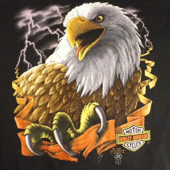 image of Harley Davidson 3D Emblem Tshirt, L, Screaming Eagle, Lightning, Vintage in Black Ex (Size Large)