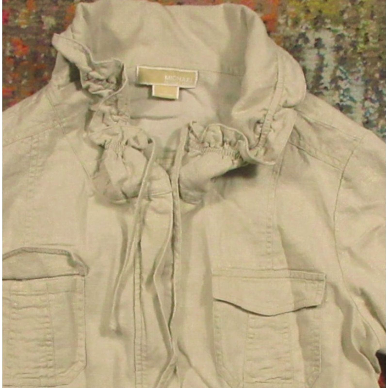 Michael Kors Michael Kors Linen Jacket Womens Medium Khaki White 3/4 Sleeve Ruffle Neck Pockets Zip Snap Utility Jacket Size M / US 6-8 / IT 42-44 - 3 Thumbnail