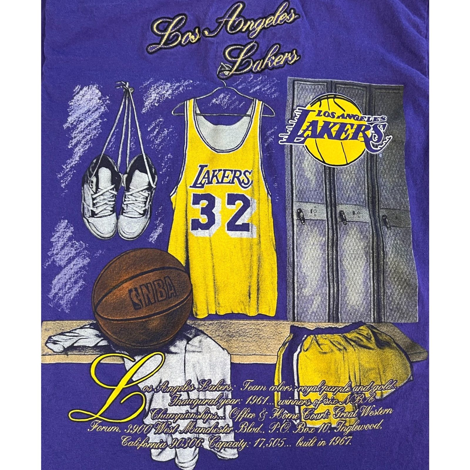Nutmeg VINTAGE Mens 90s LA Lakers T-Shirt Nutmeg Made in USA Purple Cotton 90s Sports Crew Neck Short Sleeve Size M Mens Size US M / EU 48-50 / 2 - 3 Thumbnail