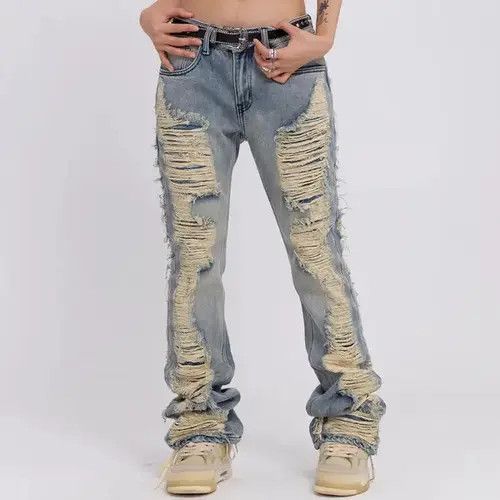 PDF Ripped Frayed Hole Blue Washed Jeans Size US 32 / EU 48 - 3 Thumbnail