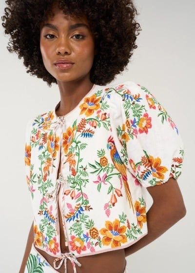 Farm Rio Farm Rio Delicate Forest Scarves Short Linen Blouse Sleeve Size S / US 4 / IT 40 - 2 Thumbnail