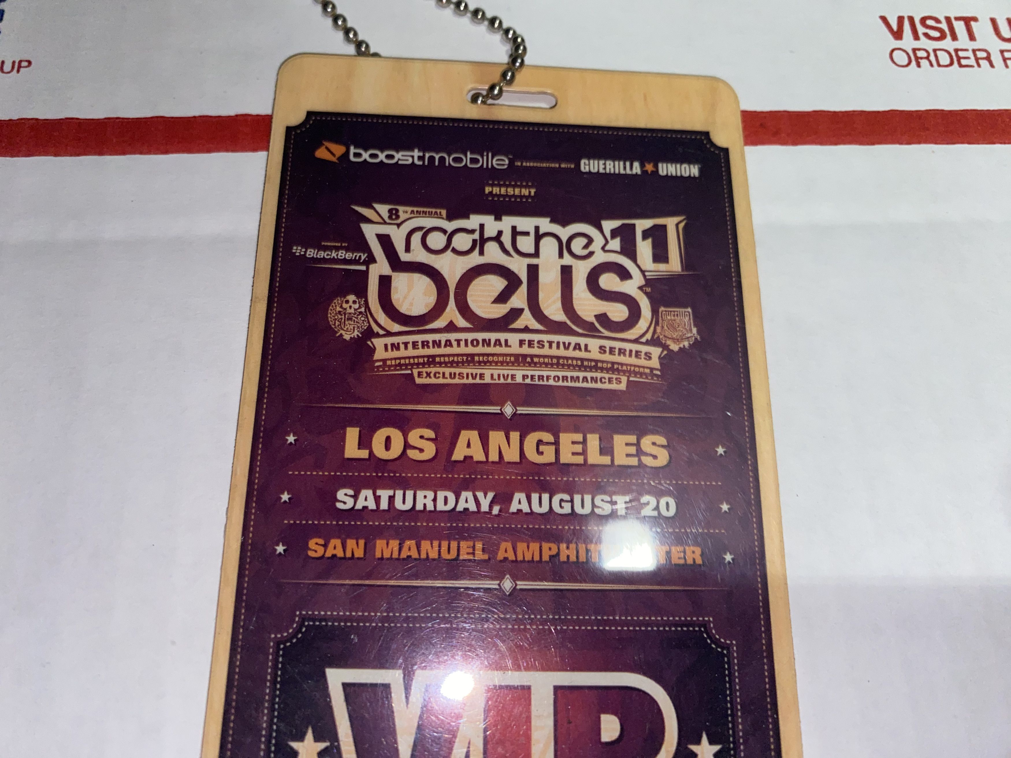 Vintage 2011 Rock the Bells Festival Music Concert VIP pass RARE tee Size ONE SIZE - 3 Thumbnail