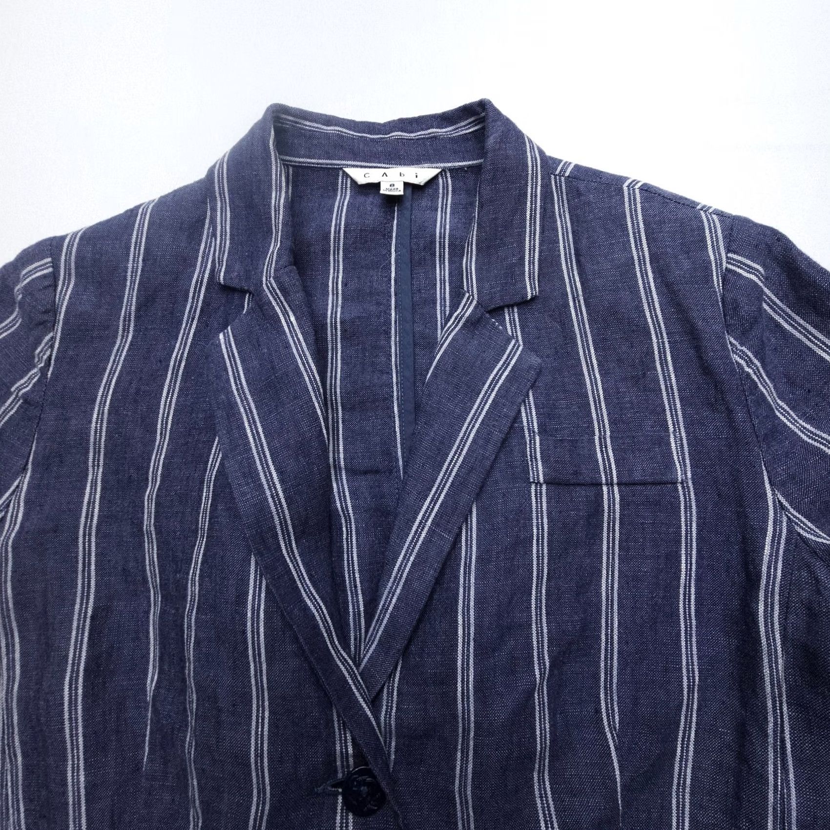 Vintage CAbi Nautical Stripe Lightweight 100% Linen Blazer Womens 8 Blue Shoulder Pads Blazer Linen Stripe Nautical Blue 8 Womens Size M / US 6-8 / IT 42-44 - 4 Thumbnail