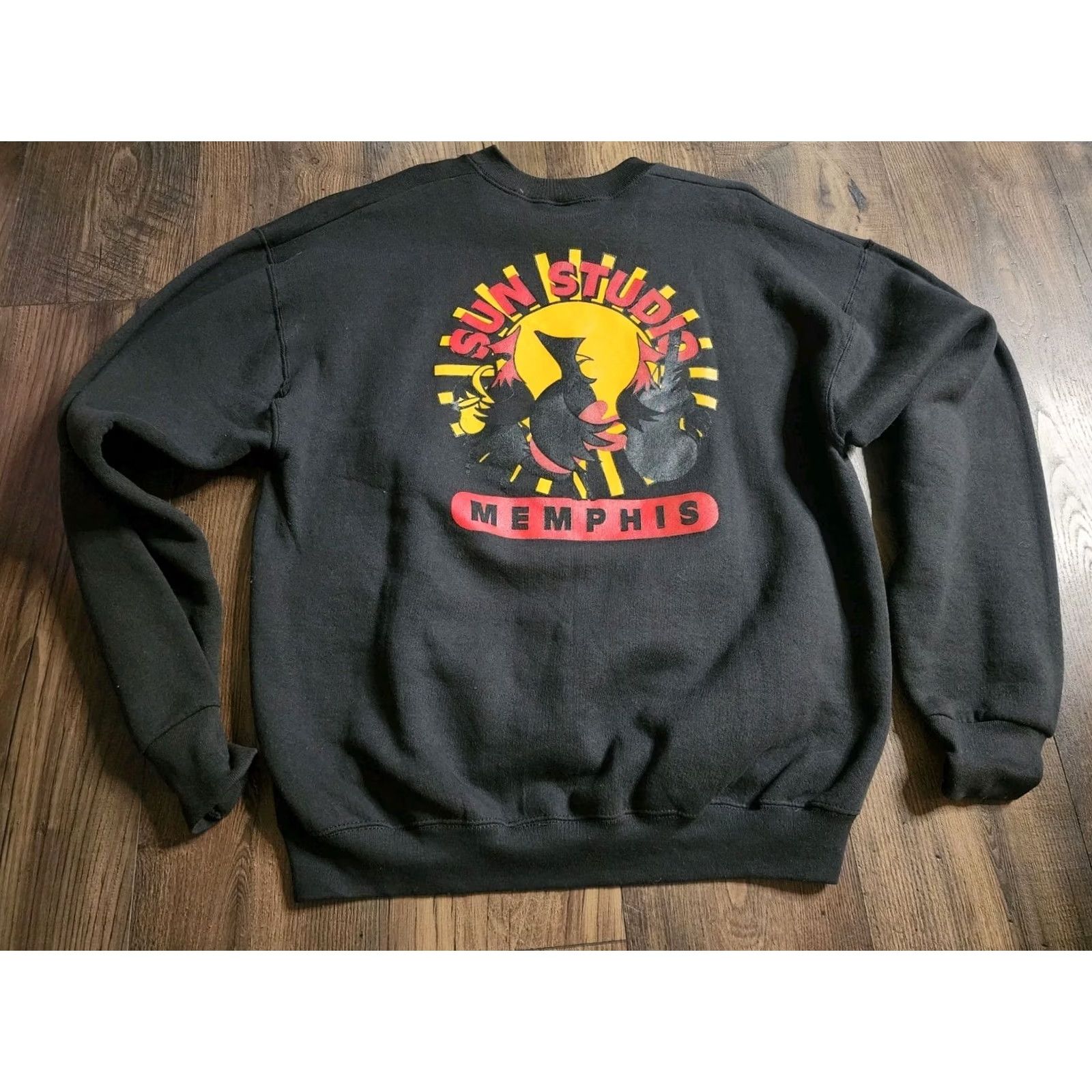 Fruit Of The Loom VINTAGE Fruit of the Loom Sweatshirt Mens XL Sun Studio Elvis Johnny Cash Music Double Sided Graphic Print Pullover Black Cotton Blend Size US XL / EU 56 / 4 - 7 Thumbnail